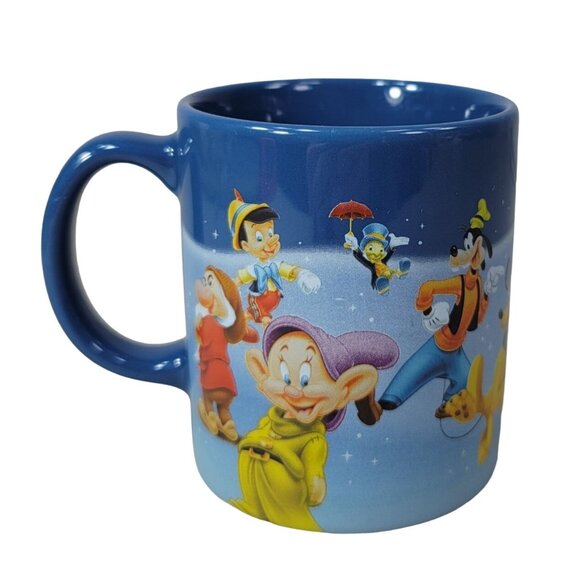 Disney Multi Characters Mug Blue Tinkerbell Grumpy Dopey Dwarfs Mickey Pinnochio - Picture 2 of 10